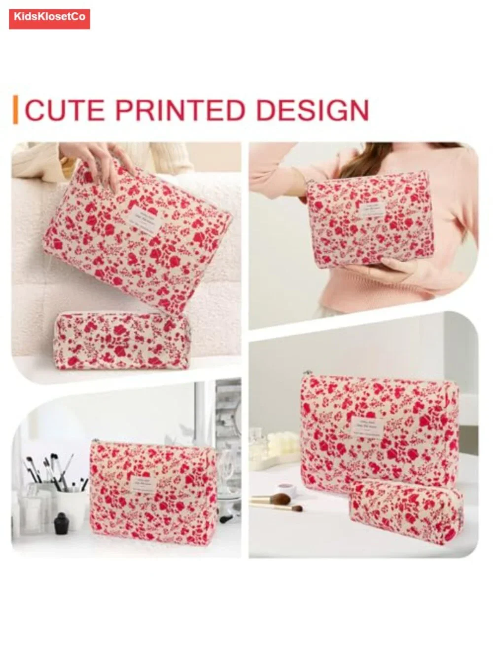 Large Floral Cotton Cosmetic Bag Set with Gold Zippers - Travel Makeup Organizer